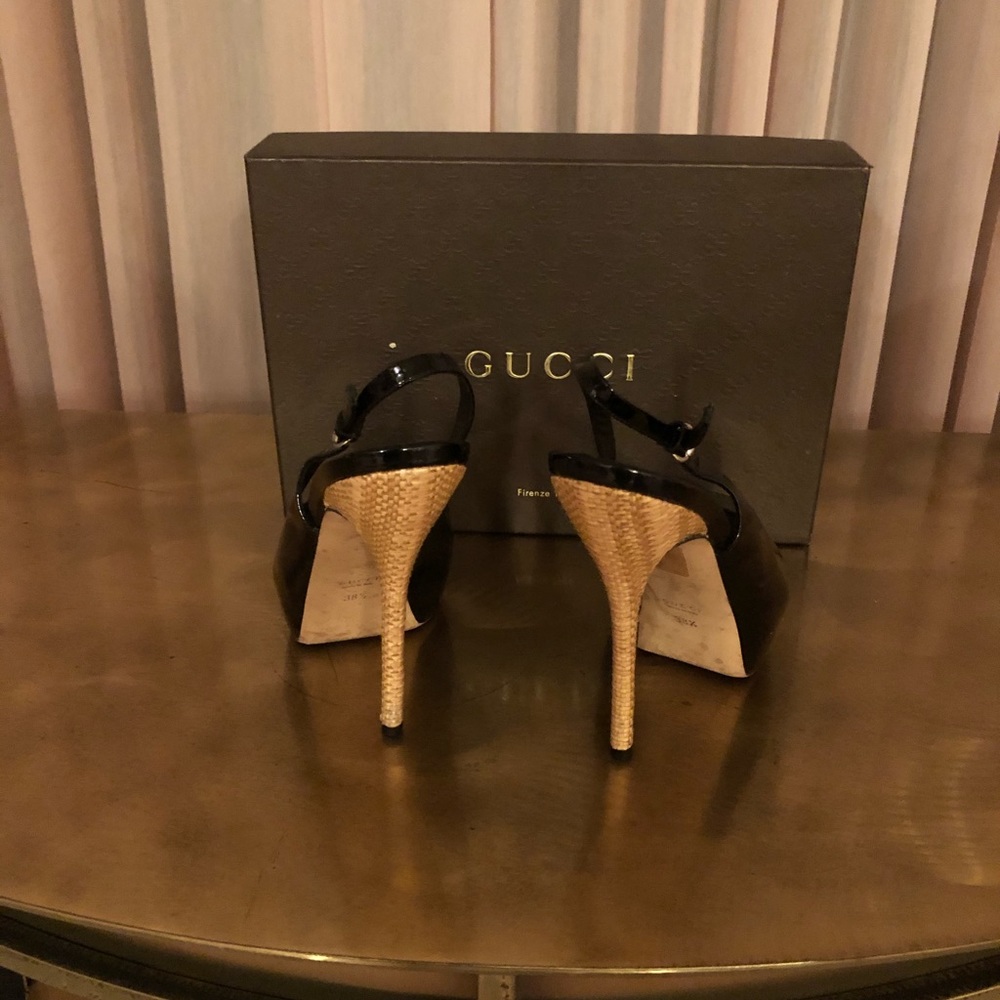 Gucci, black Patton,  5 1/2 burlap covered heel.
